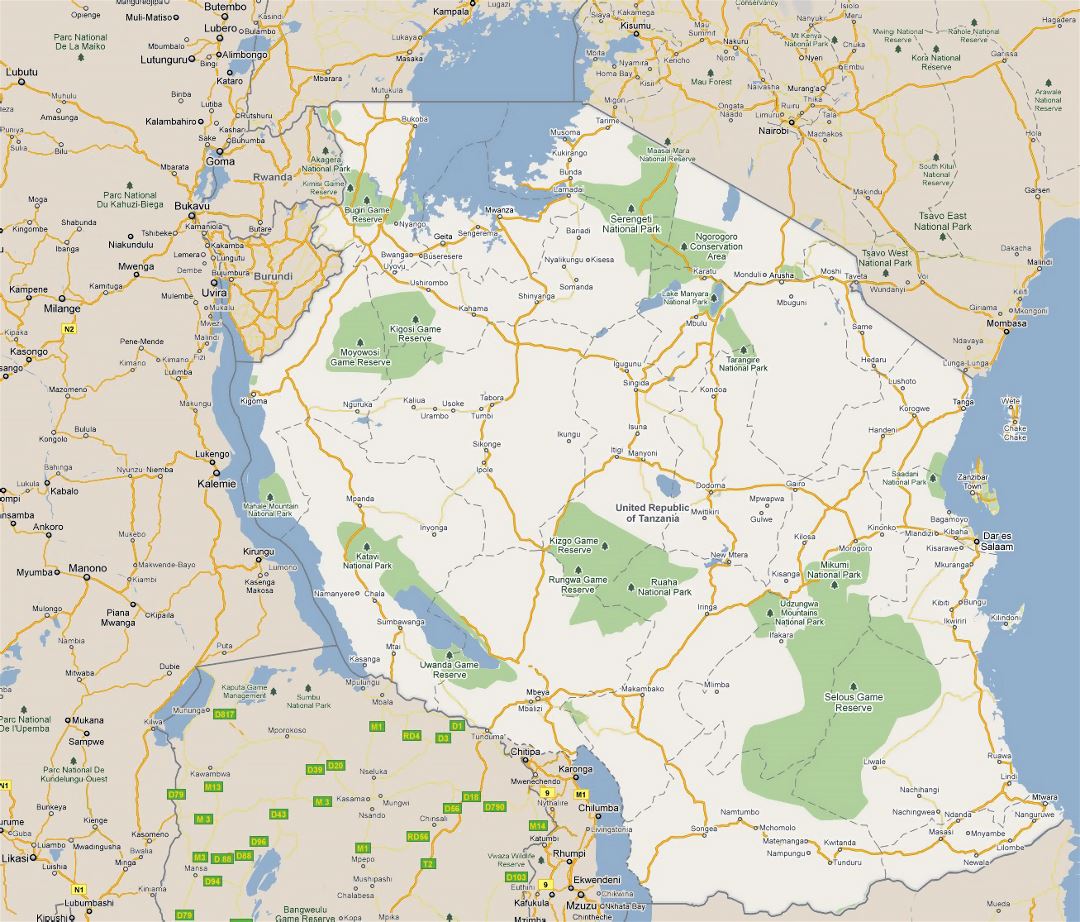 Большая карта дорог Танзании с городами и национальными парками