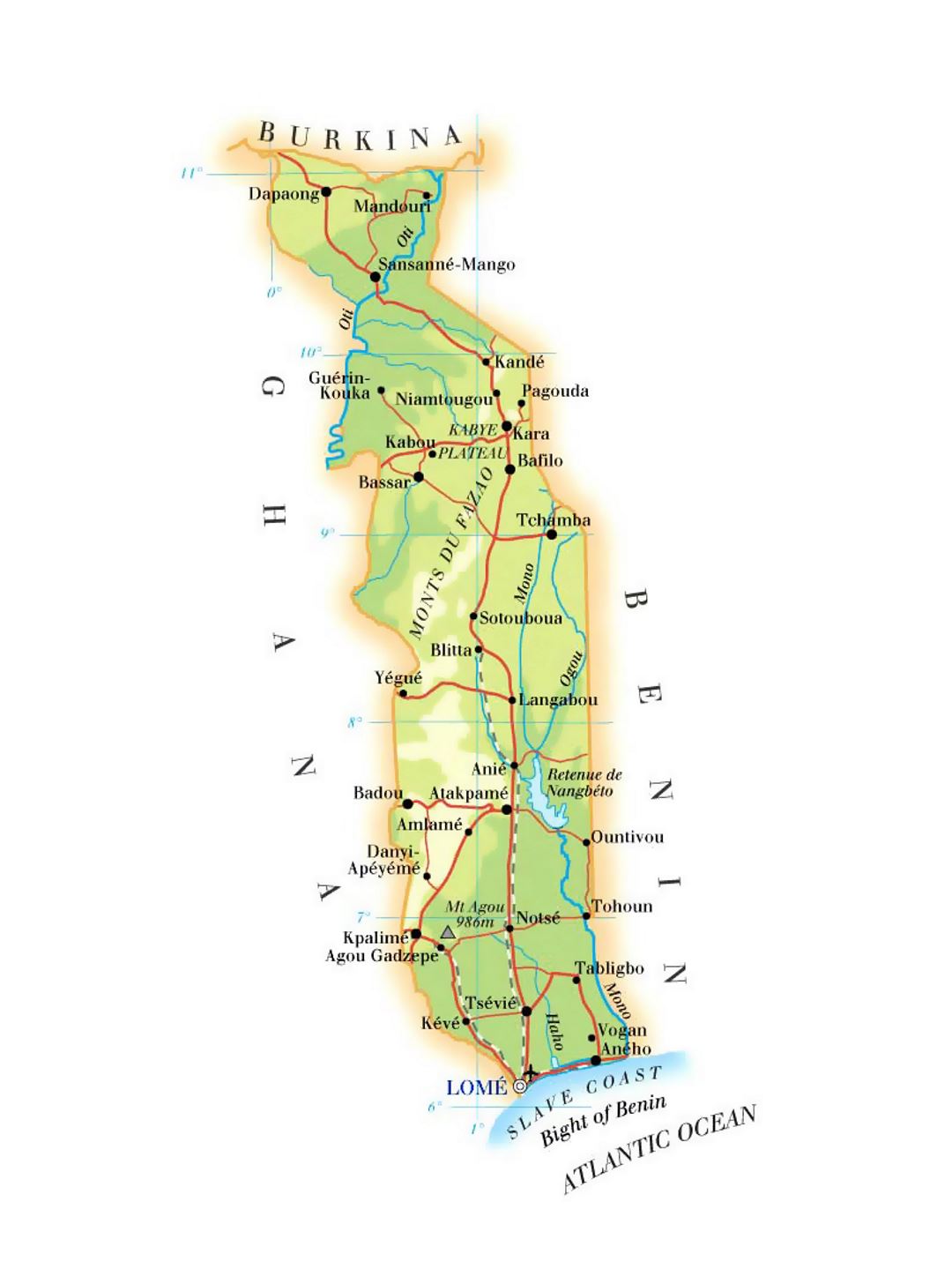 Детальная карта высот Того с дорогами, железными дорогами, городами и аэропортами