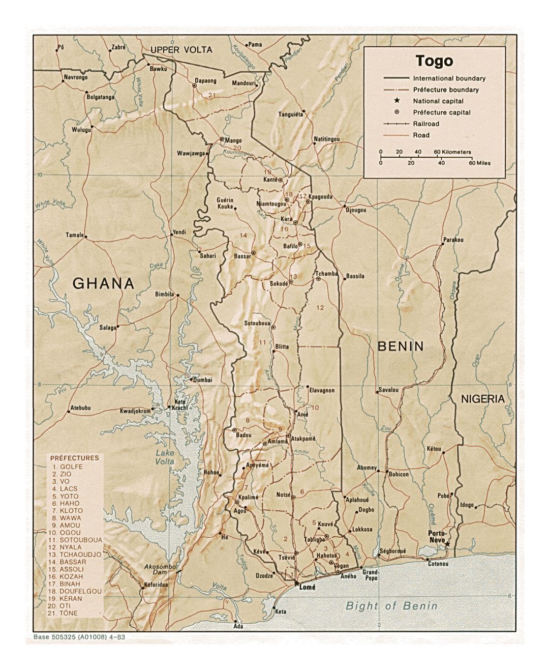 Детальная политическая и административная карта Того с рельефом, дорогами, железными дорогами и крупными городами - 1983