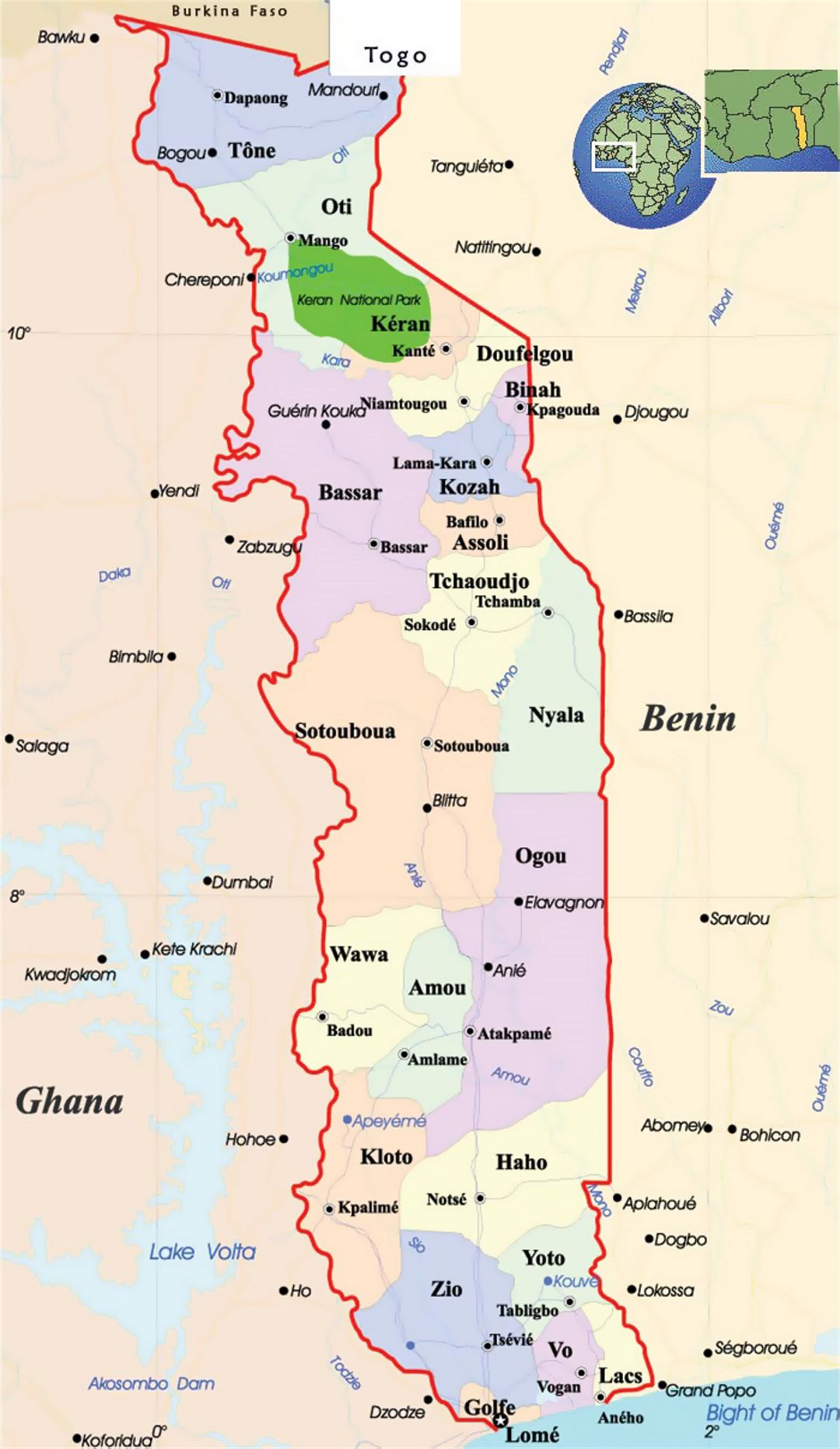 Детальная политическая и административная карта Того с дорогами и городами