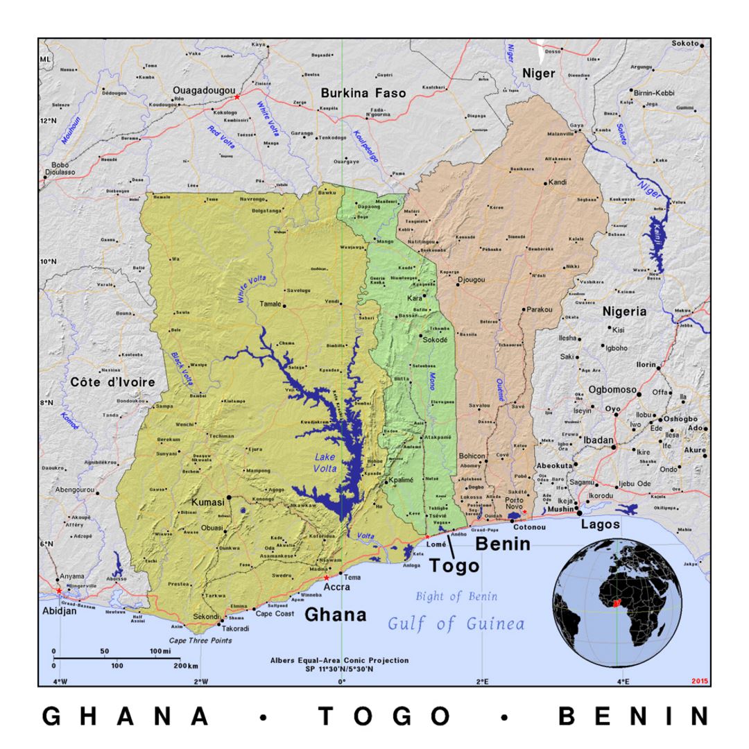 Детальная политическая карта Ганы, Того и Бенина с рельефом
