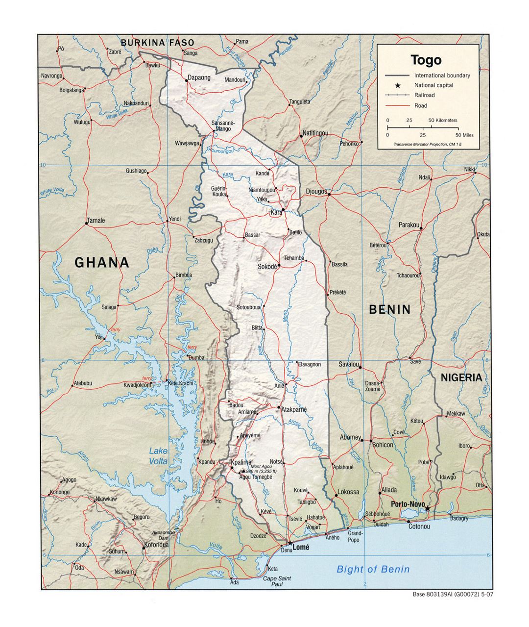 Детальная политическая карта Того с рельефом, дорогами, железными дорогами и крупными городами - 2007