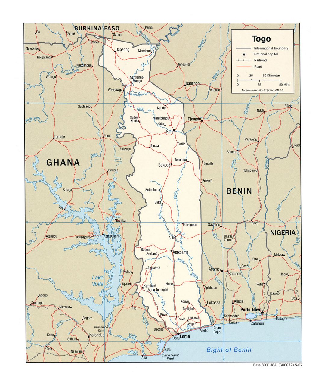 Детальная политическая карта Того с дорогами, железными дорогами и крупными городами - 2007