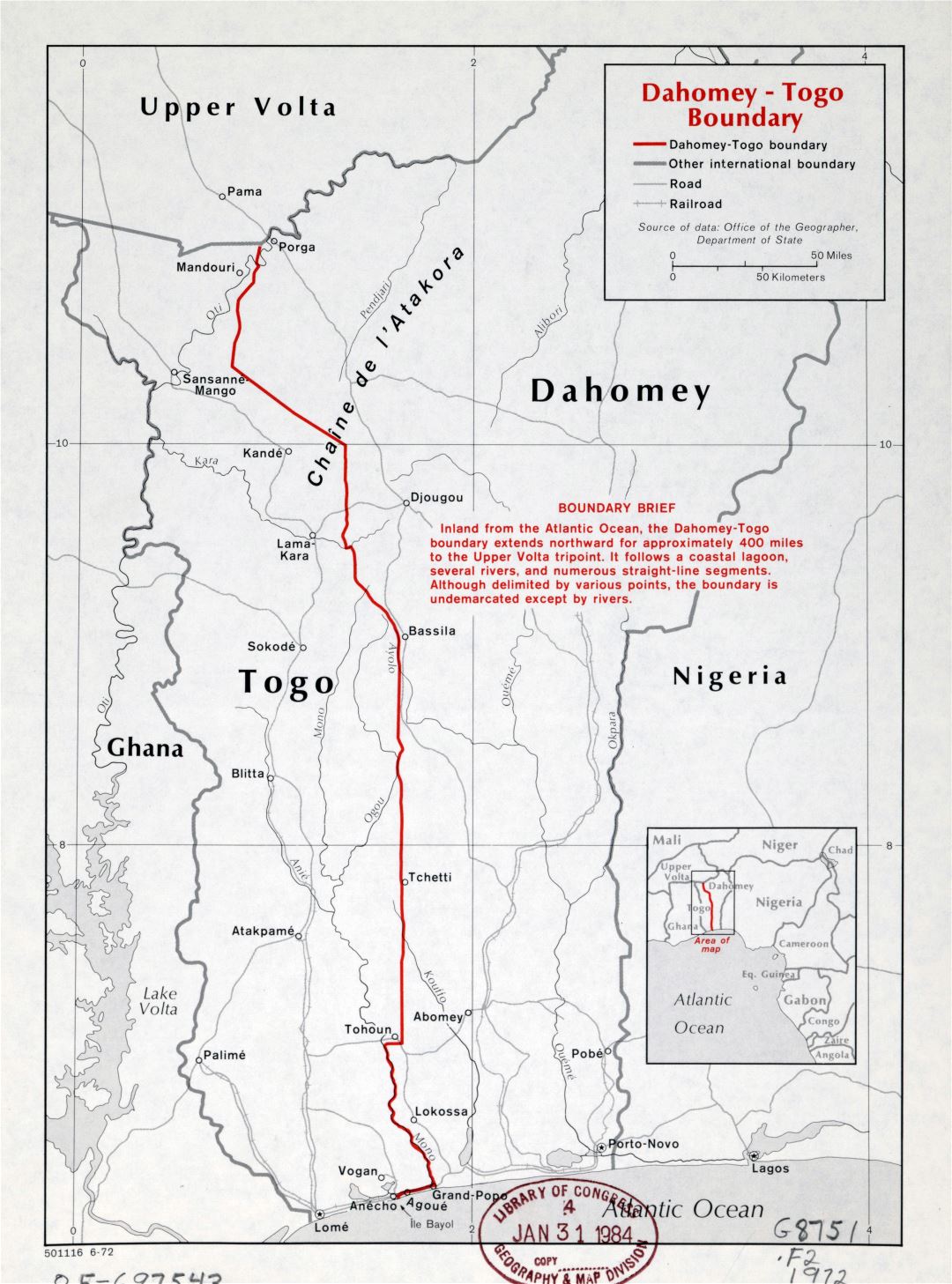 Большая детальная карта границы Дагомея-Того - 1972