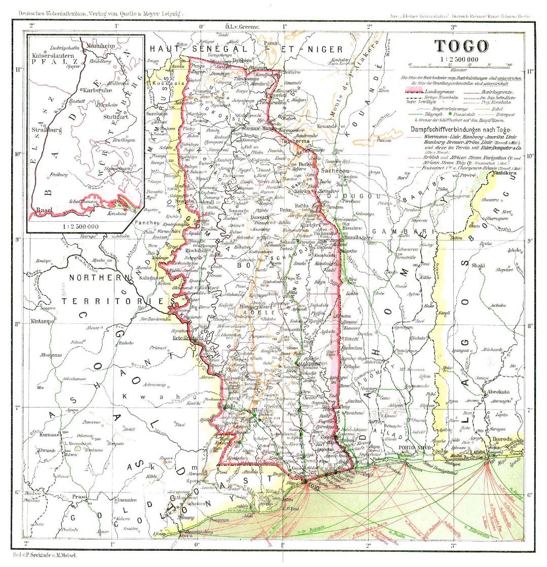 Большая детальная старая карта Того
