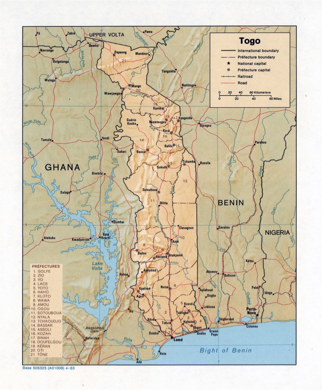Большая детальная политическая и административная карта Того с рельефом, дорогами, железными дорогами и крупными городами - 1983