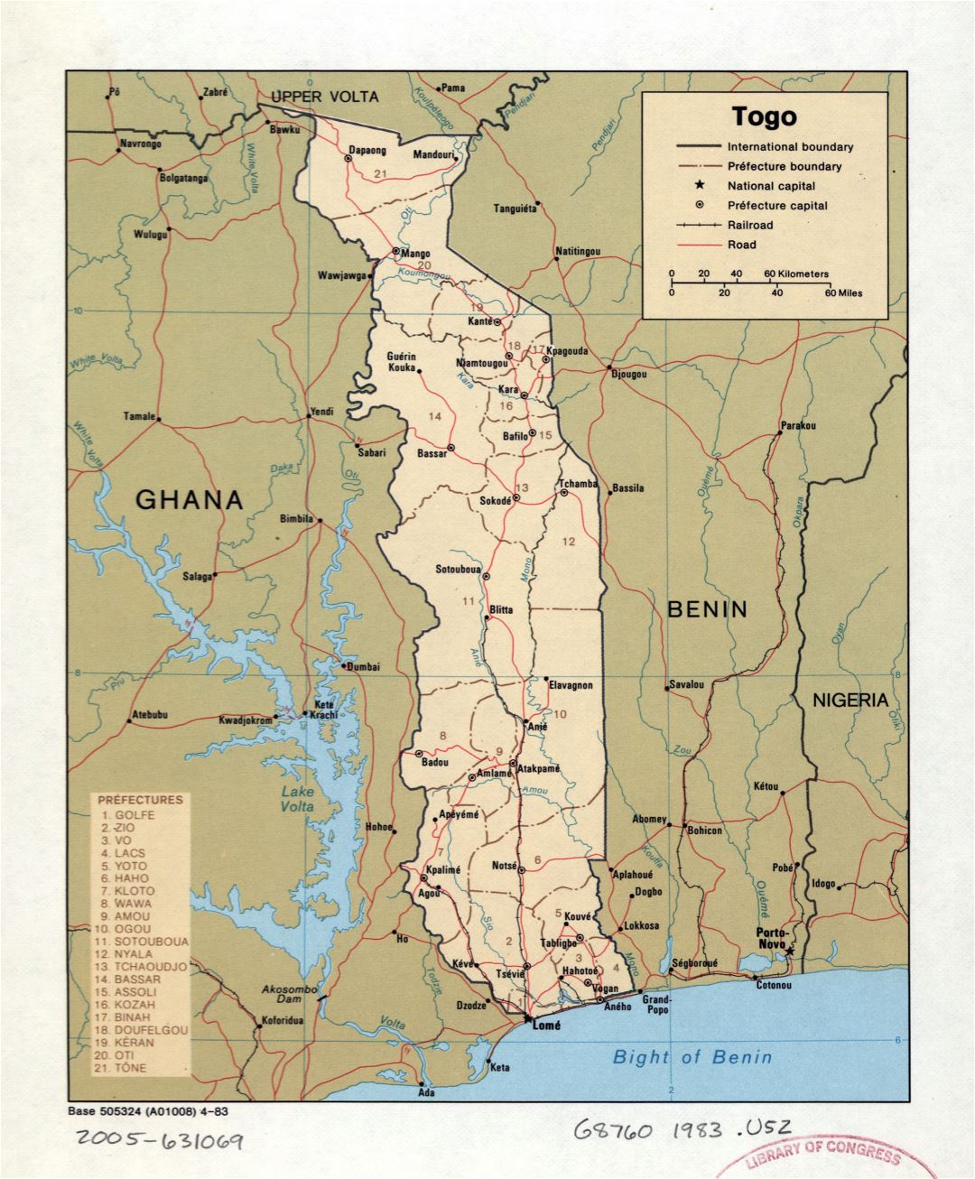 Большая детальная политическая и административная карта Того с дорогами, железными дорогами и крупными городами - 1983