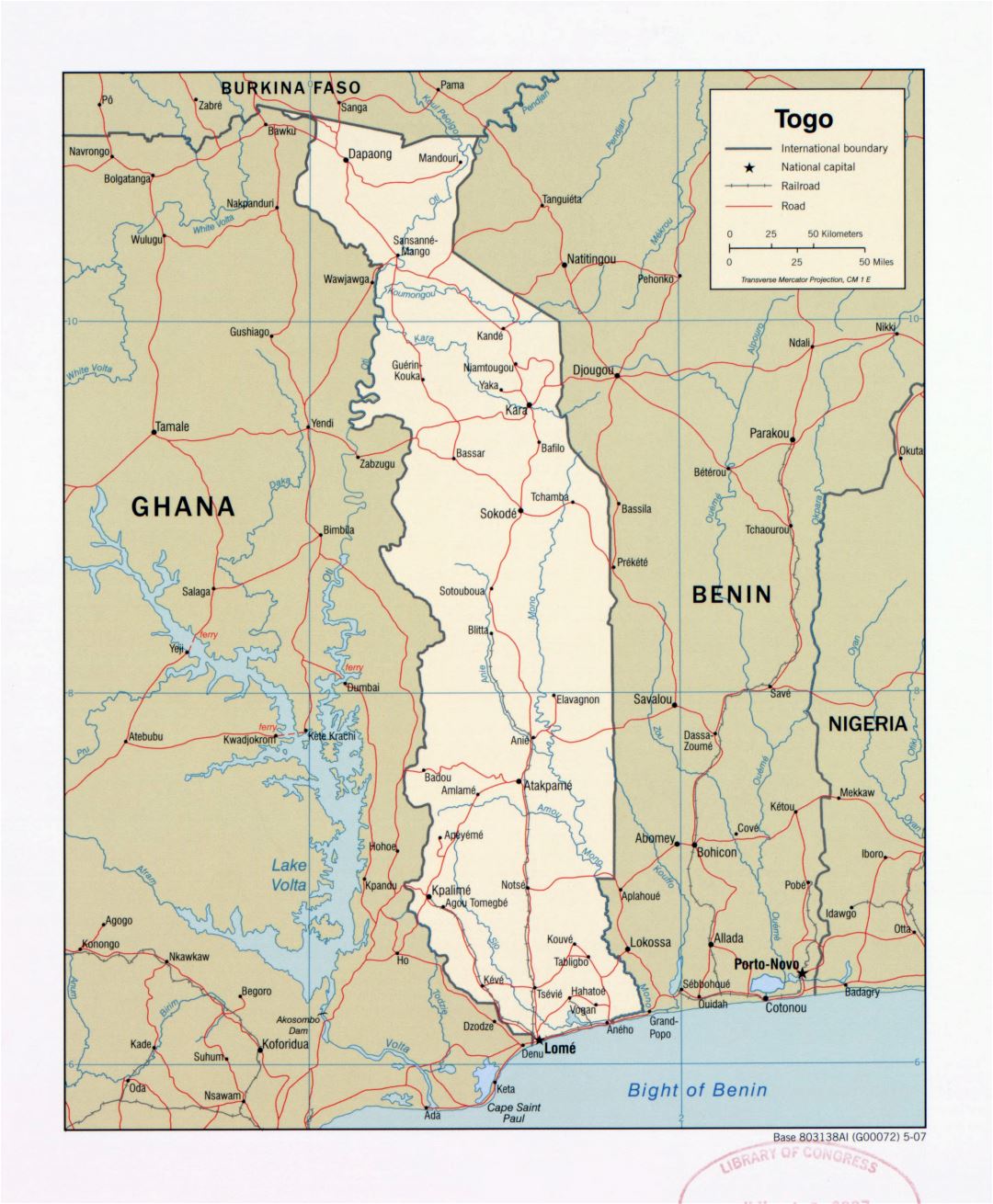 Большая детальная политическая карта Того с дорогами, железными дорогами и крупными городами - 2007