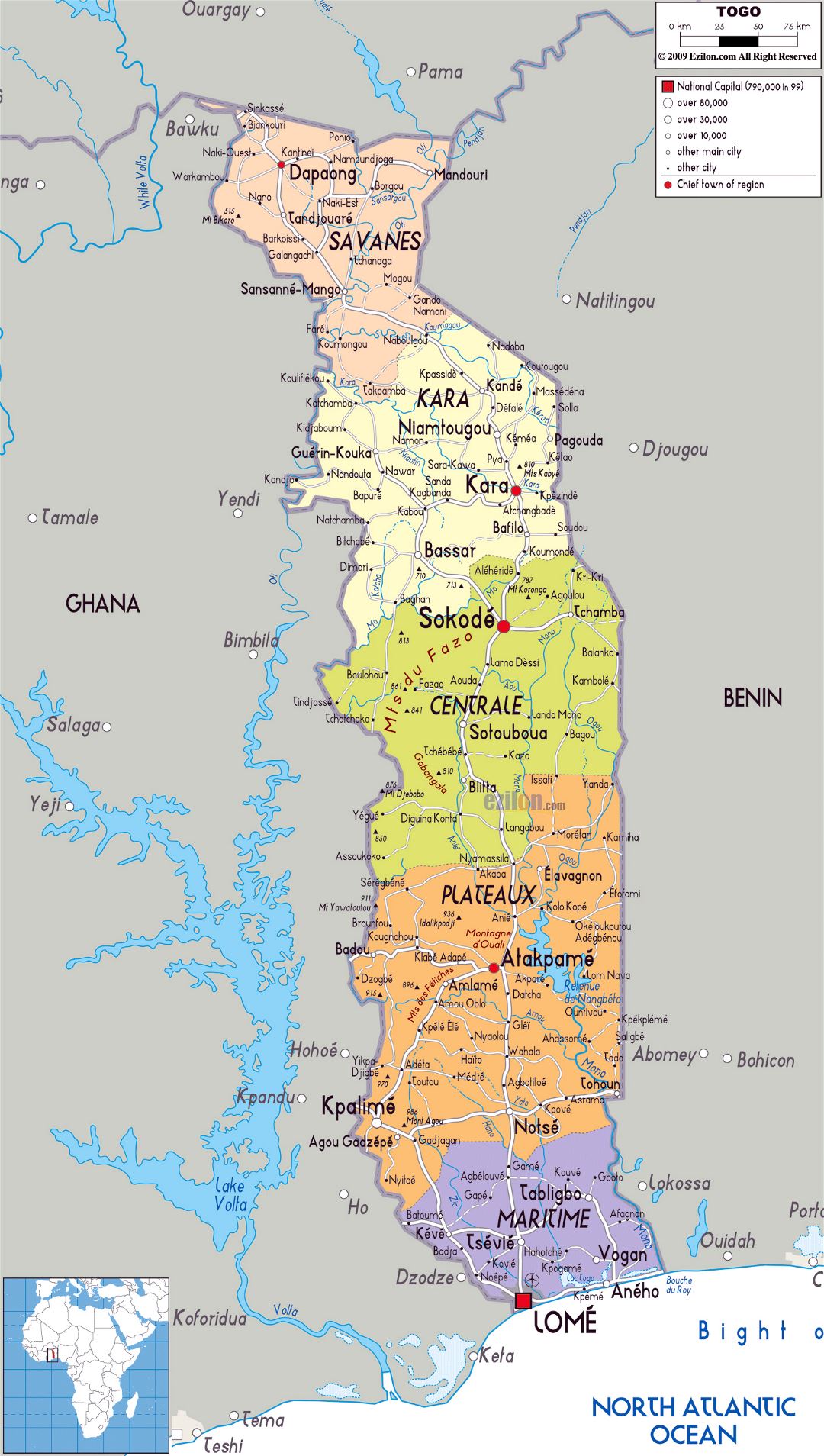 Большая политическая и административная карта Того с дорогами, городами и аэропортами