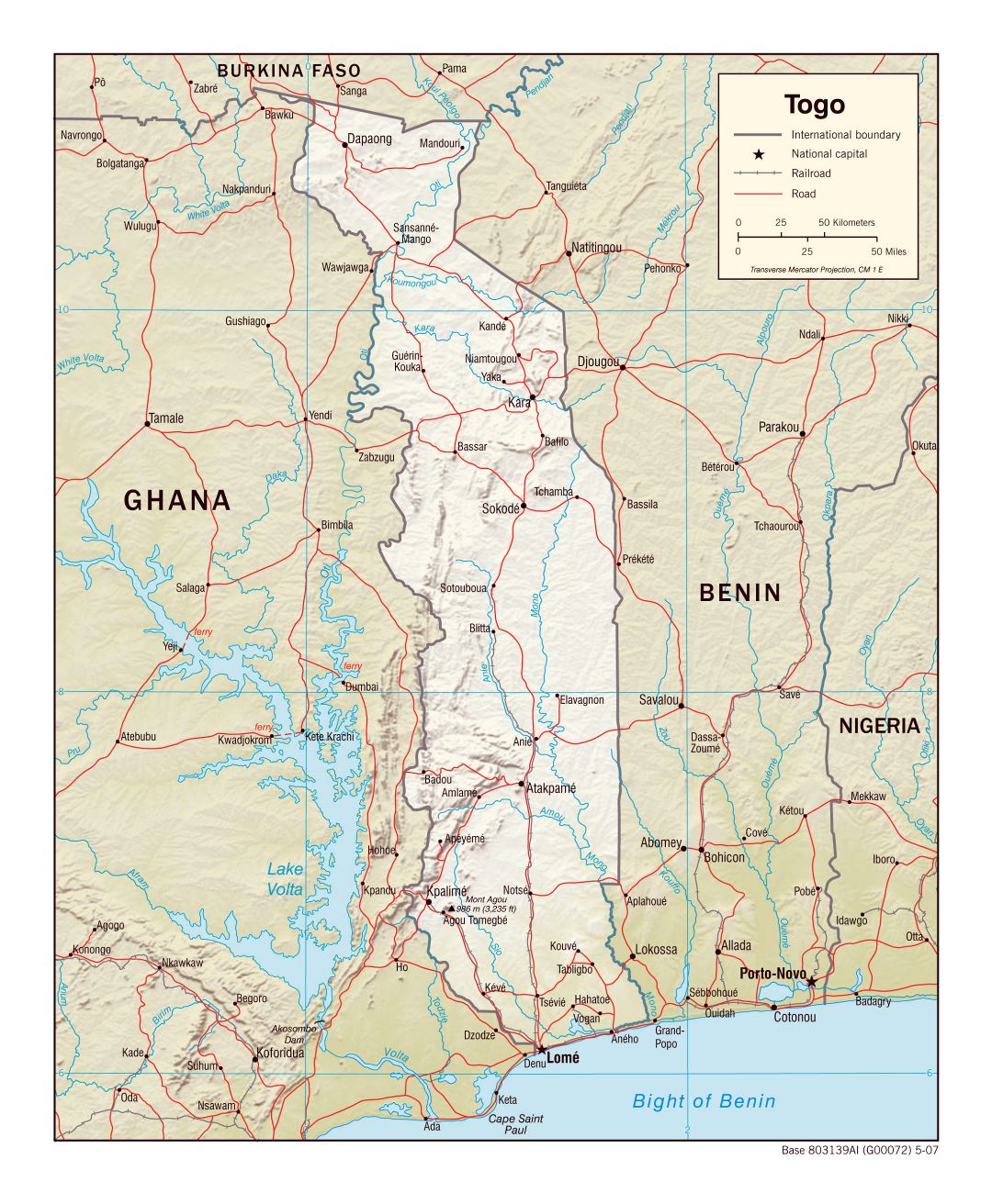 Большая политическая карта Того с рельефом, дороги, железные дороги и крупные города - 2007
