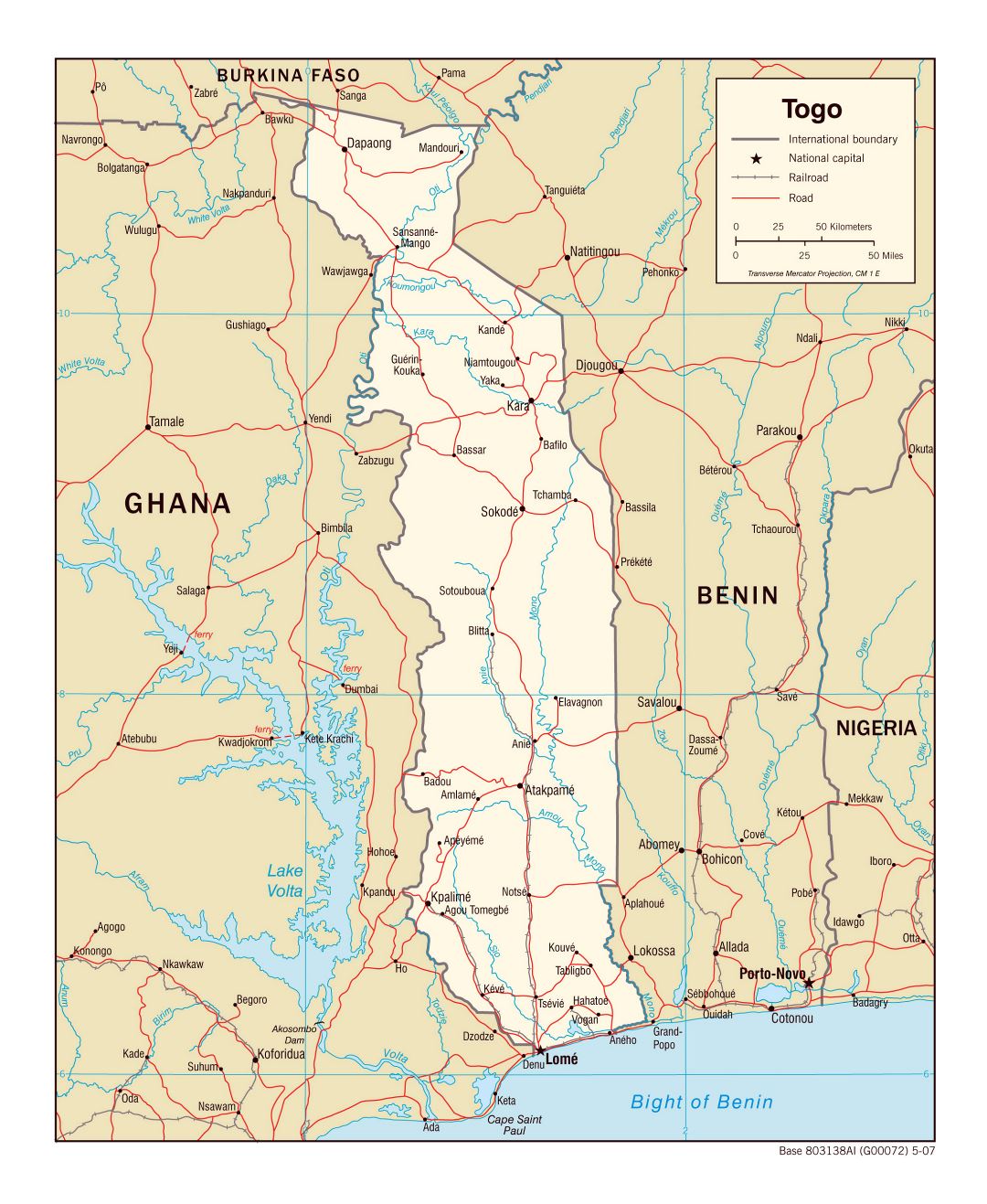 Большая политическая карта Того с дорогами, железными дорогами и крупными городами - 2007