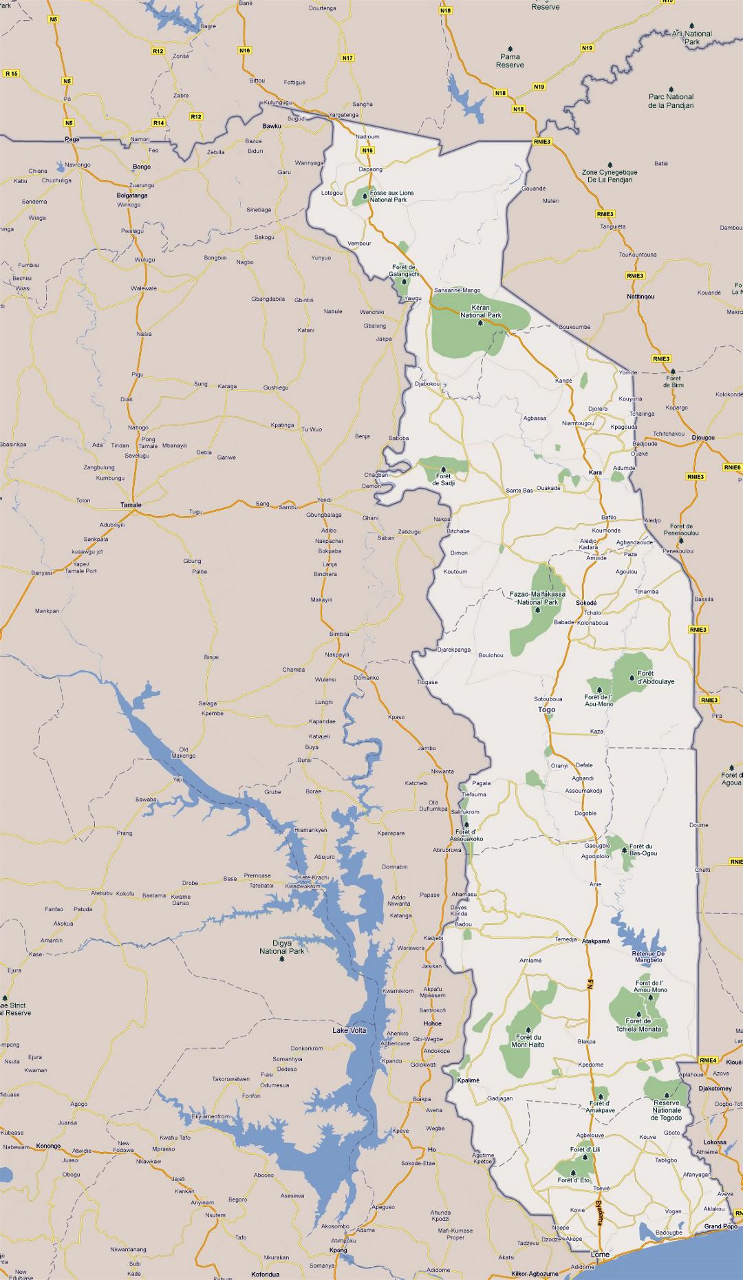 Большая карта дорог Того с городами и национальными парками