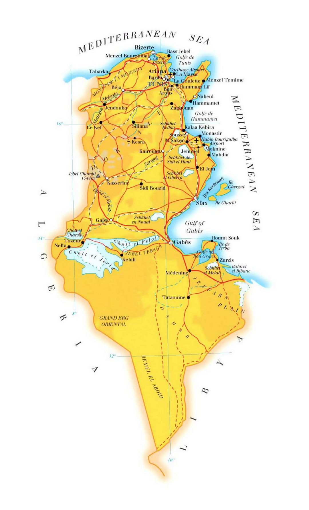 Детальная карта высот Туниса с дорогами, железными дорогами, городами и аэропортами