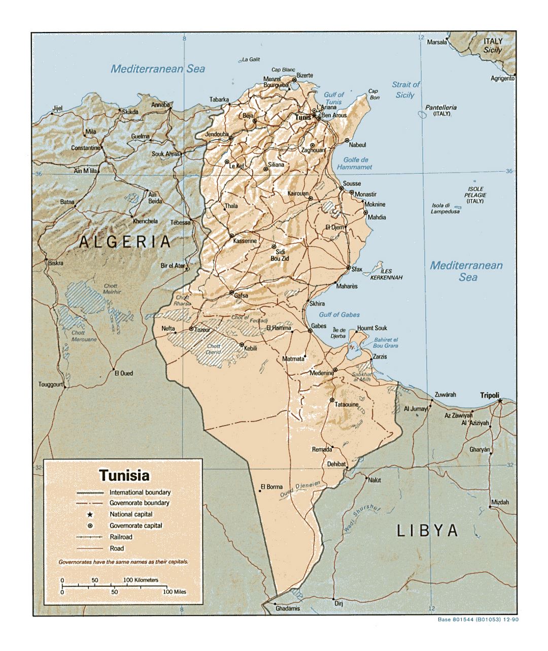 Детальная политическая и административная карта Туниса с рельефом, дорогами, железными дорогами и крупными городами - 1990