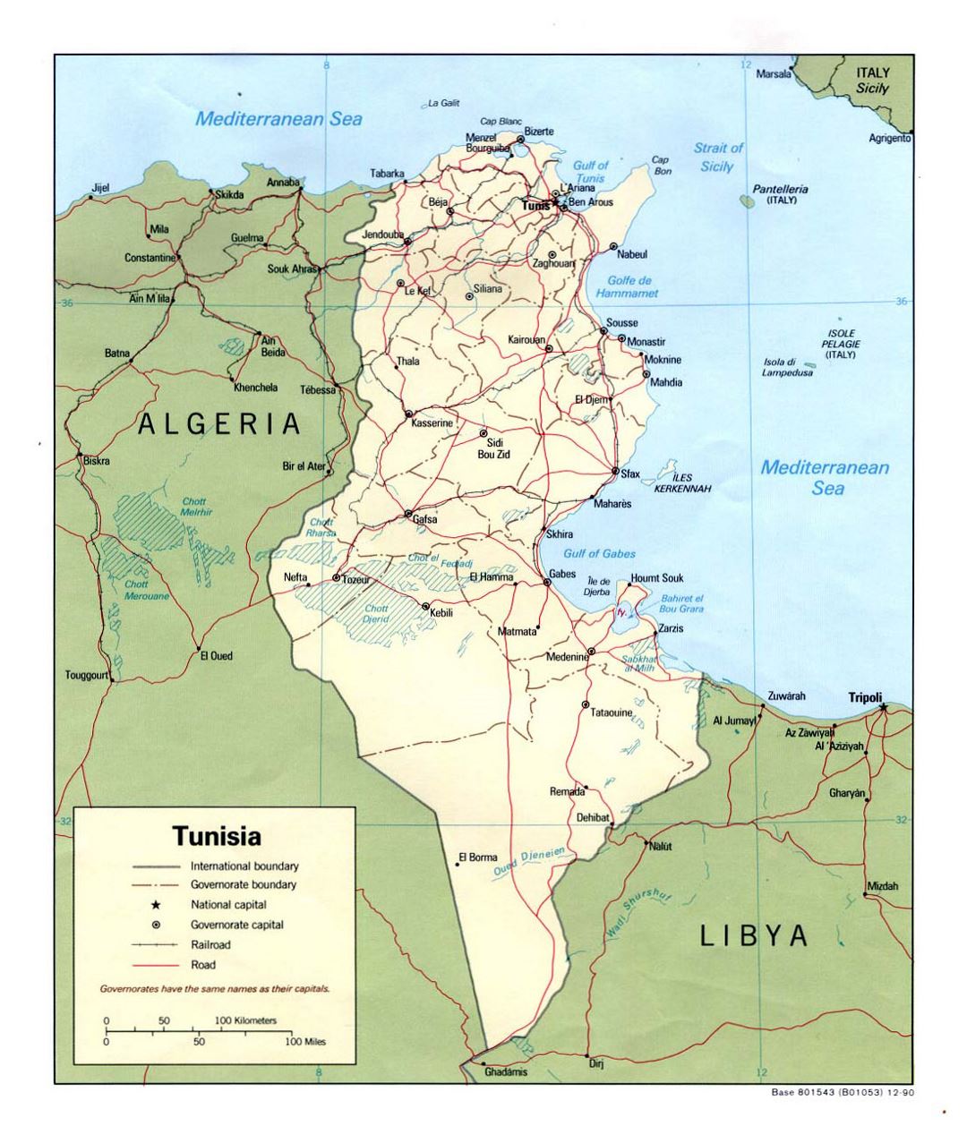 Детальная политическая и административная карта Туниса с дорогами, железными дорогами и крупными городами - 1990