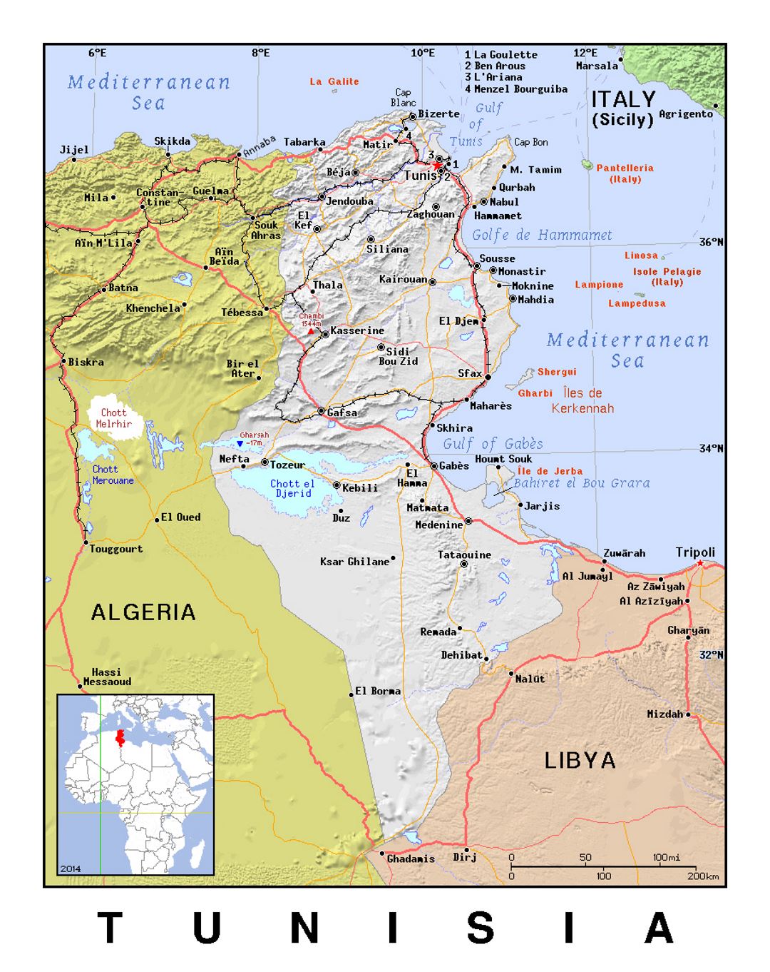 Детальная политическая карта Туниса с рельефом
