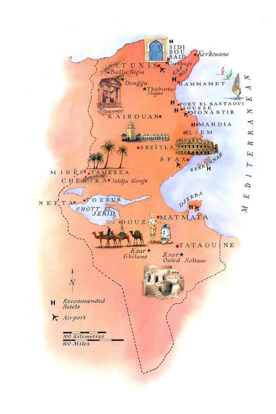 Детальная туристическая иллюстрированная карта Туниса