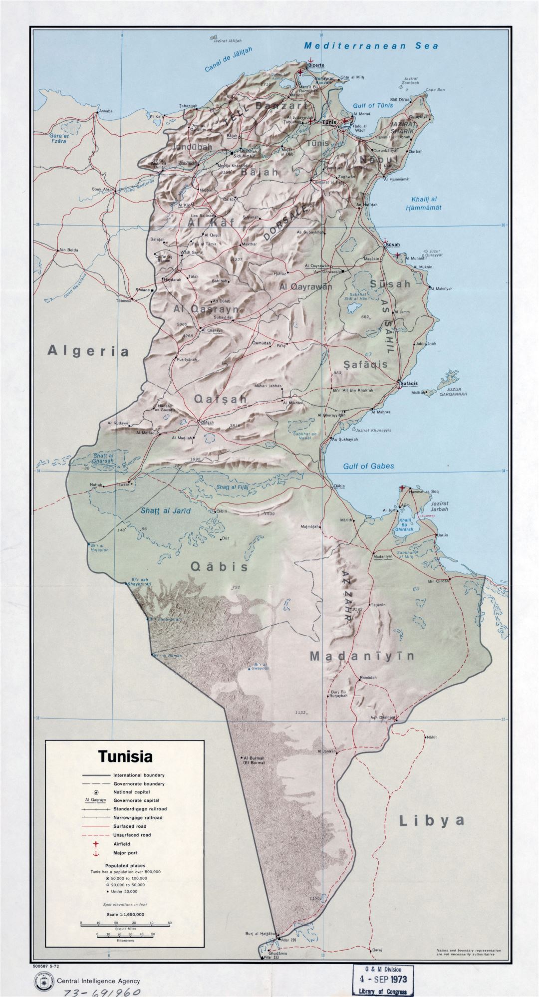 Большая детальная политическая и административная карта Туниса с рельефом, дорогами, железными дорогами, крупными городами, портами и аэропортами - 1972