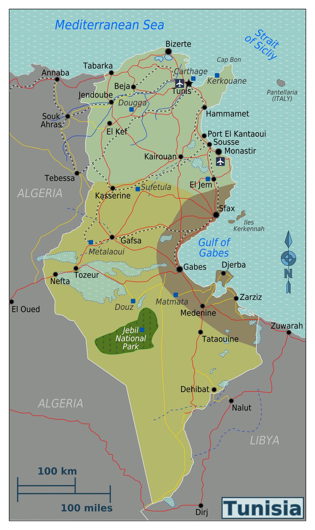 Большая детальная карта регионов Туниса