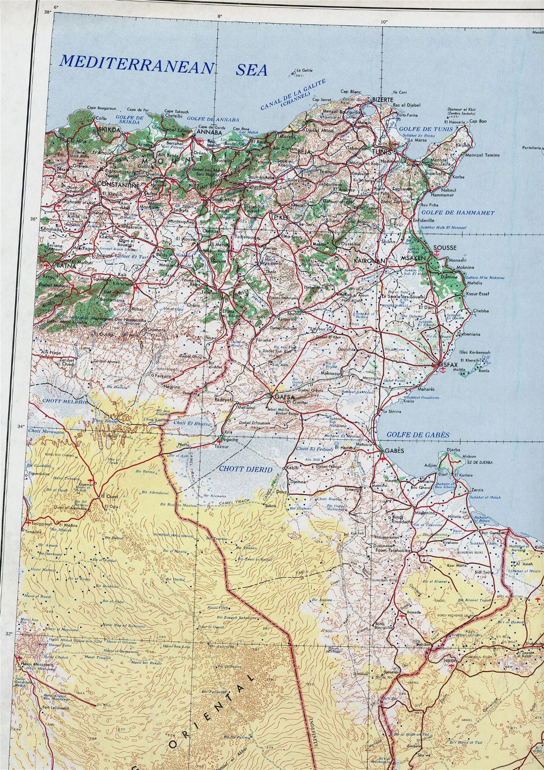 Большая детальная топографическая карта Туниса - 1969