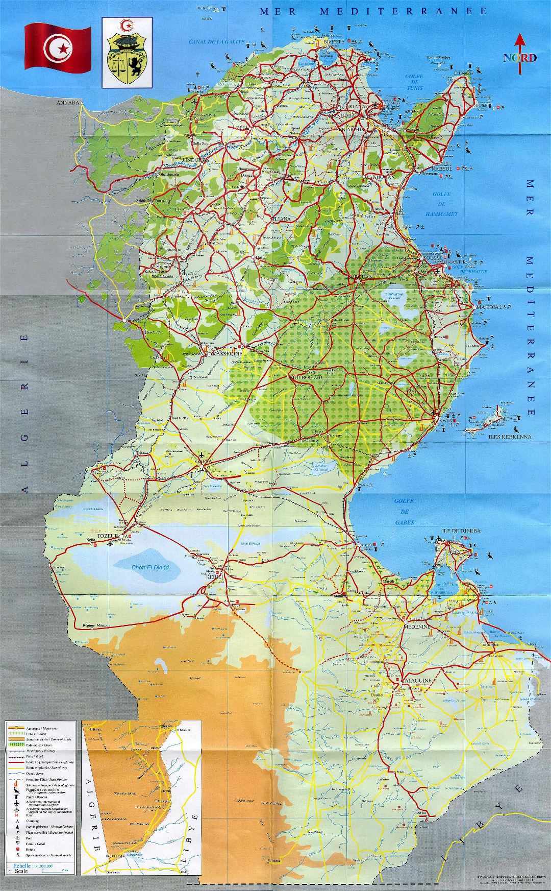 Большая детальная туристическая карта Туниса со всеми дорогами, городами и другими пометками
