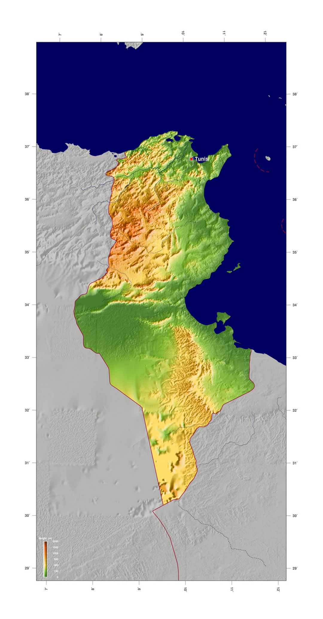 Большая карта высот Туниса