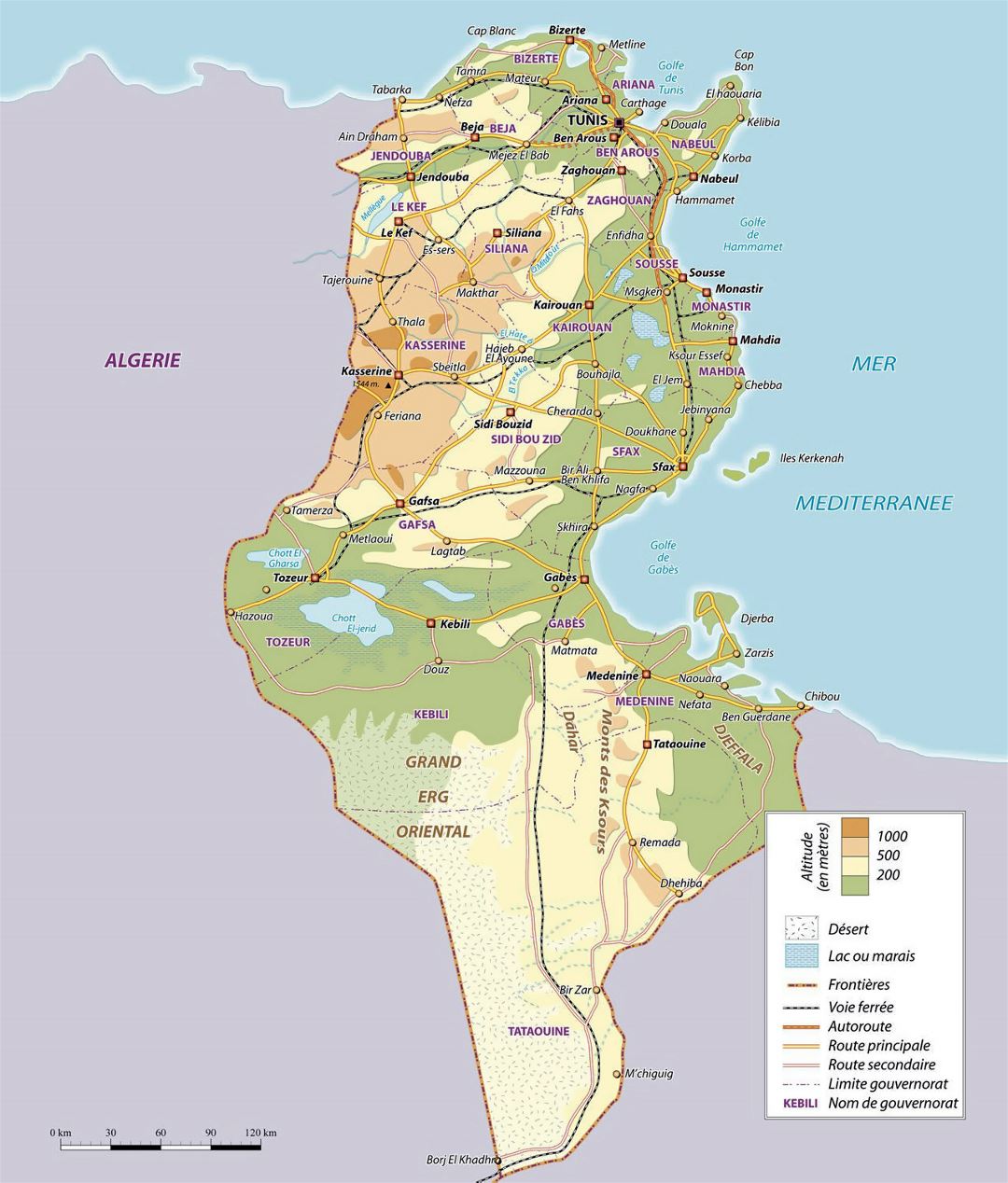 Большая физическая карта Туниса