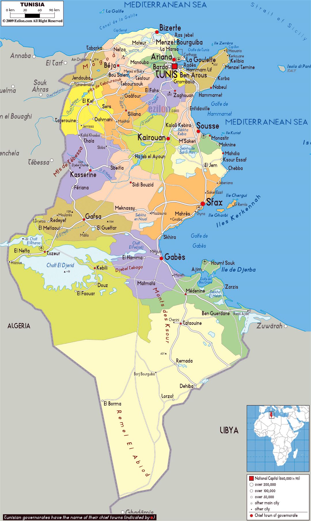 Большая политическая и административная карта Туниса с дорогами, городами и аэропортами