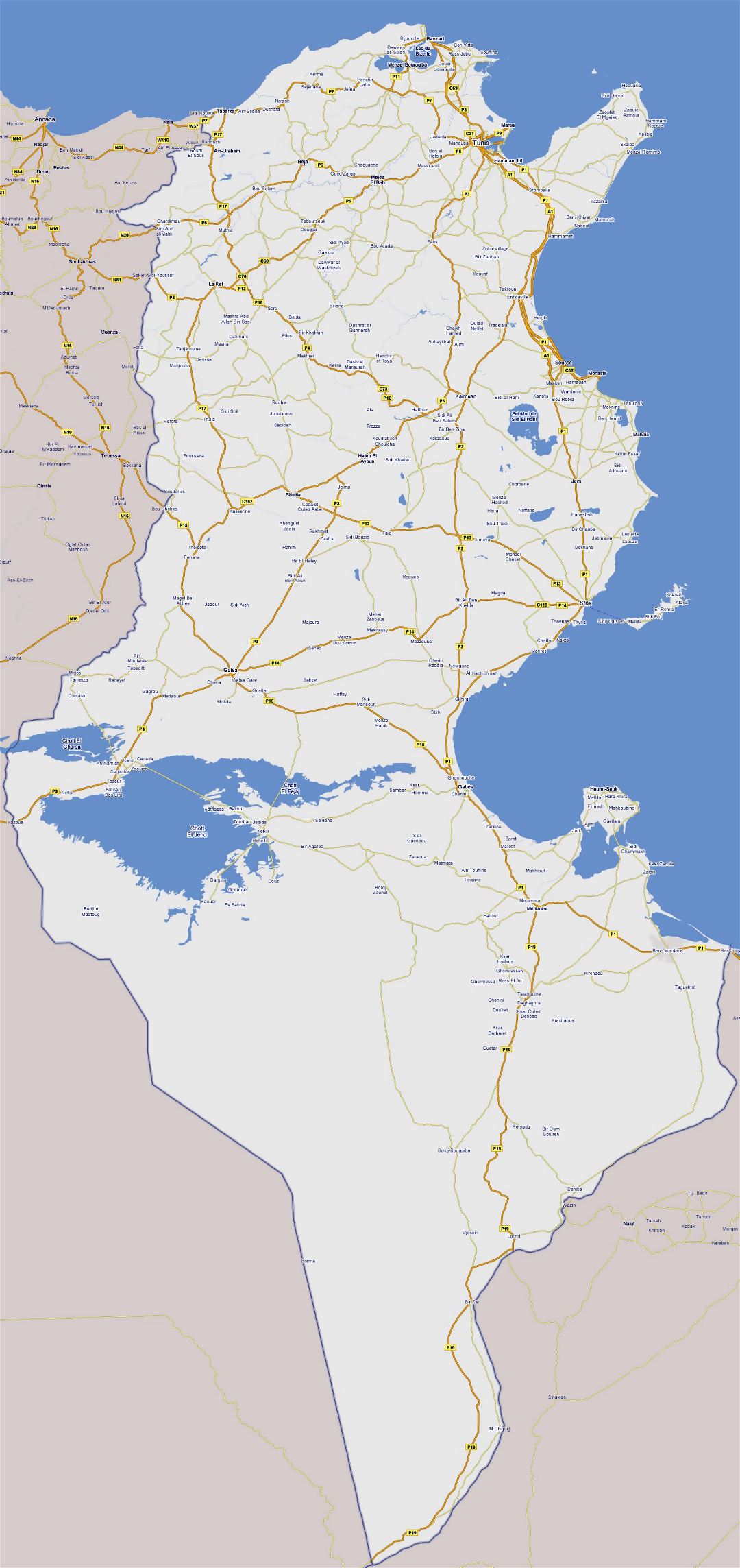 Большая карта дорог Туниса со всеми городами