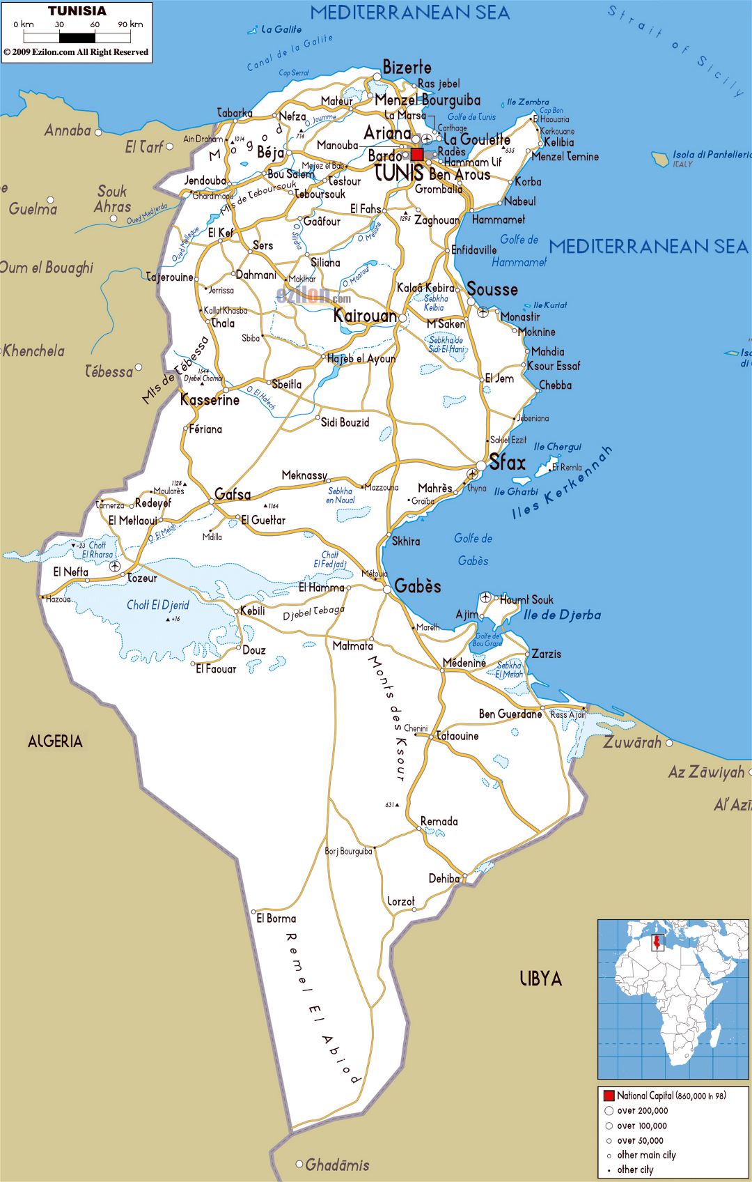 Большая карта дорог Туниса с городами и аэропортами