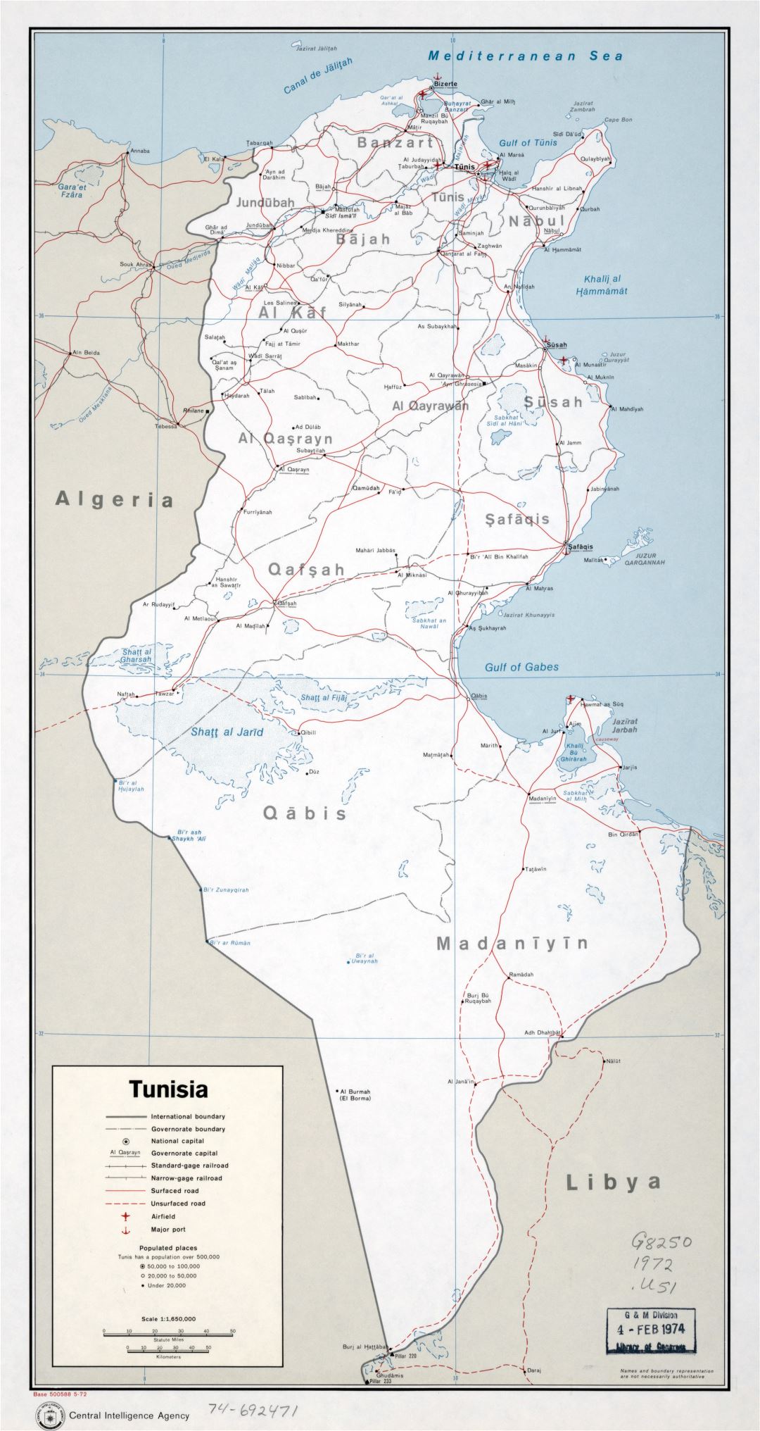 Крупномасштабная политическая и административная карта Туниса с дорогами, железными дорогами, крупными городами, портами и аэропортами - 1972