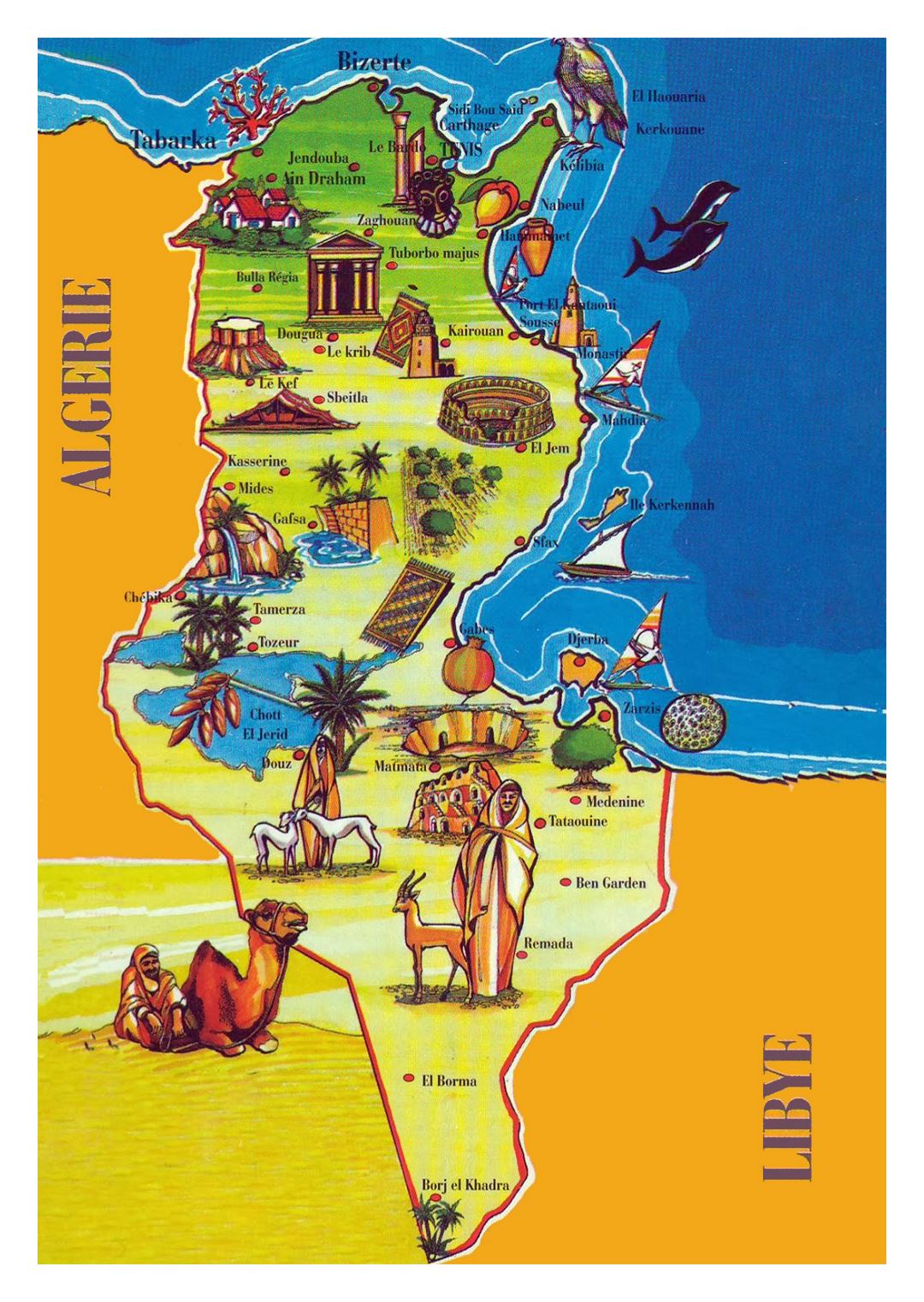 Большая туристическая иллюстрированная карта Туниса