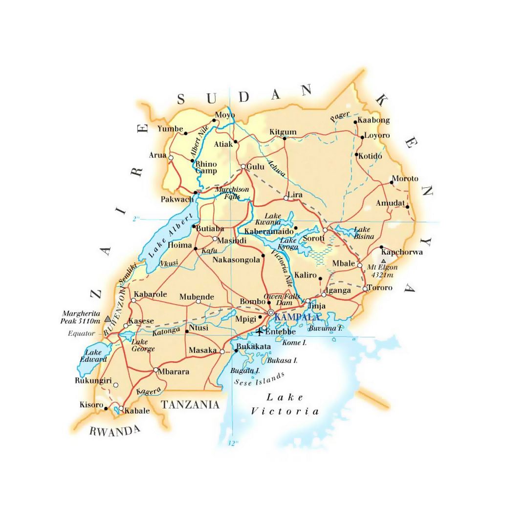 Детальная карта высот Уганды с дорогами, железными дорогами, городами и аэропортами