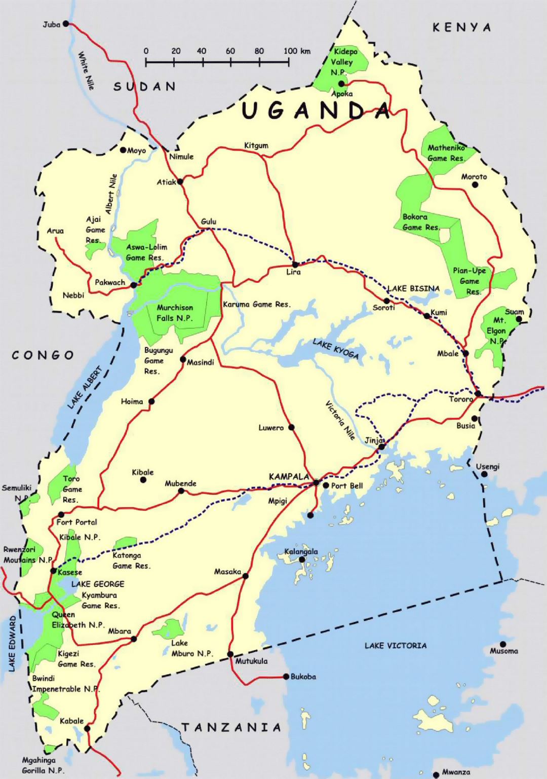 Подробная карта Уганды с автострадами и национальными парками