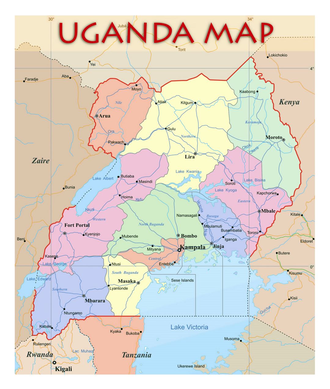 Детальная политическая и административная карта Уганды