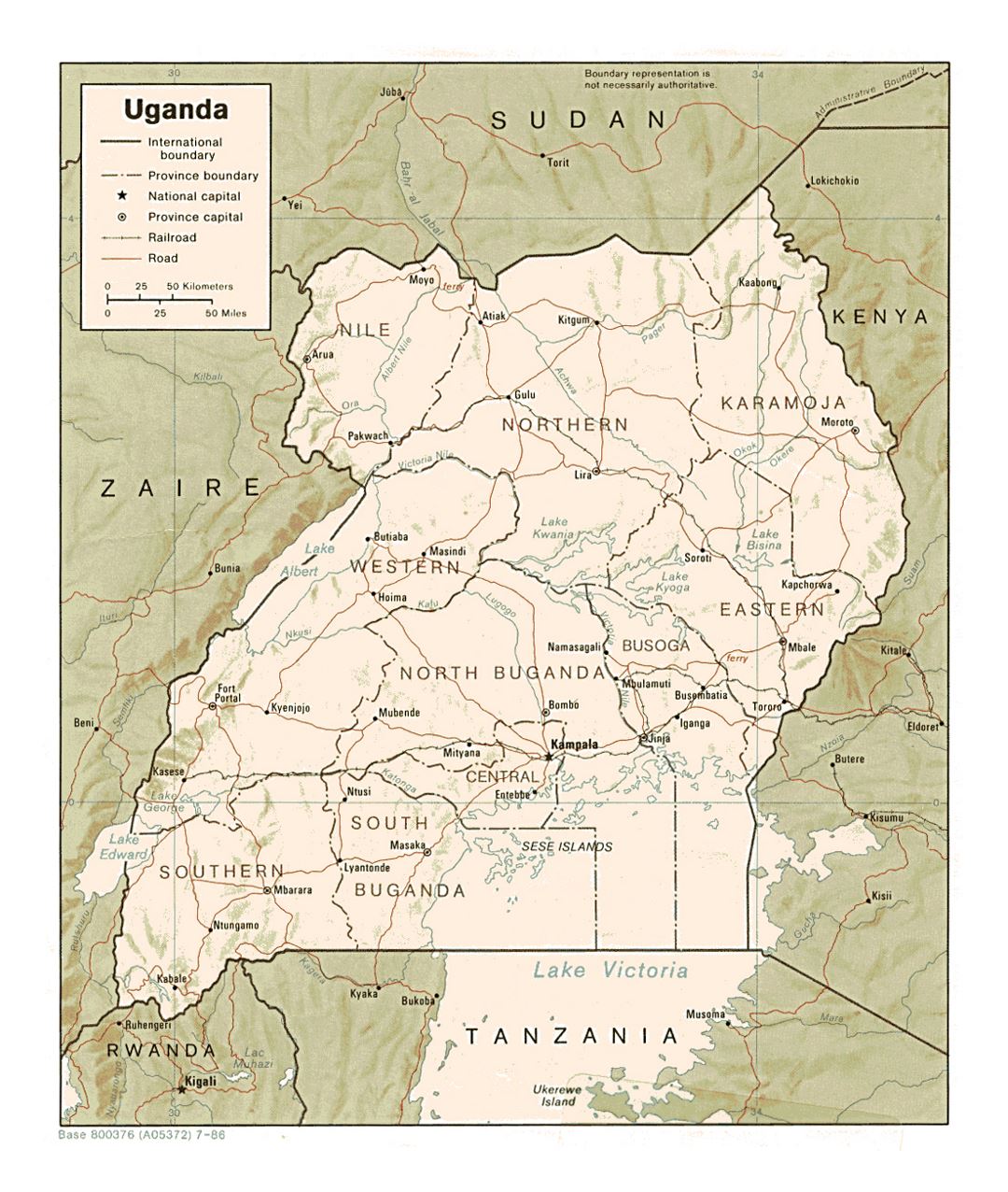 Детальная политическая и административная карта Уганды с рельефом, дорогами, железными дорогами и крупными городами - 1986
