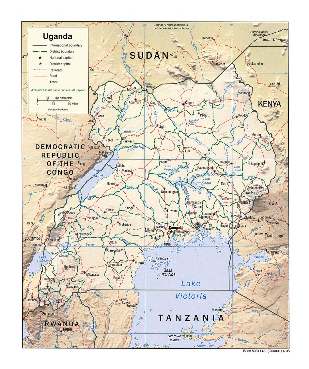 Детальная политическая и административная карта Уганды с рельефом, дорогами, железными дорогами и крупными городами - 2005