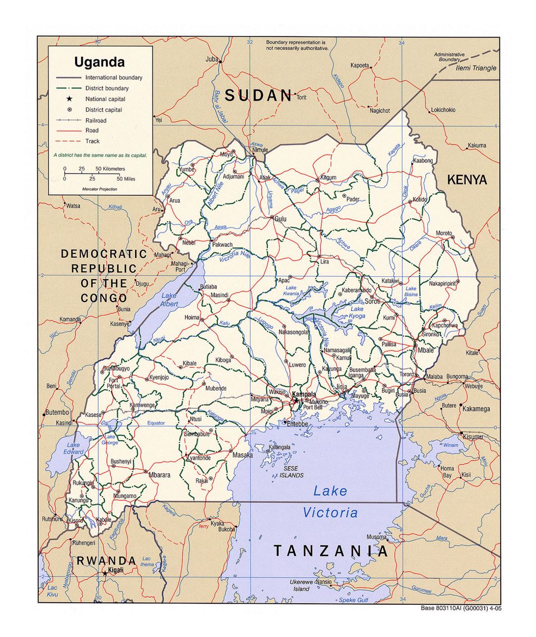 Детальная политическая и административная карта Уганды с дорогами, железными дорогами и крупными городами - 2005