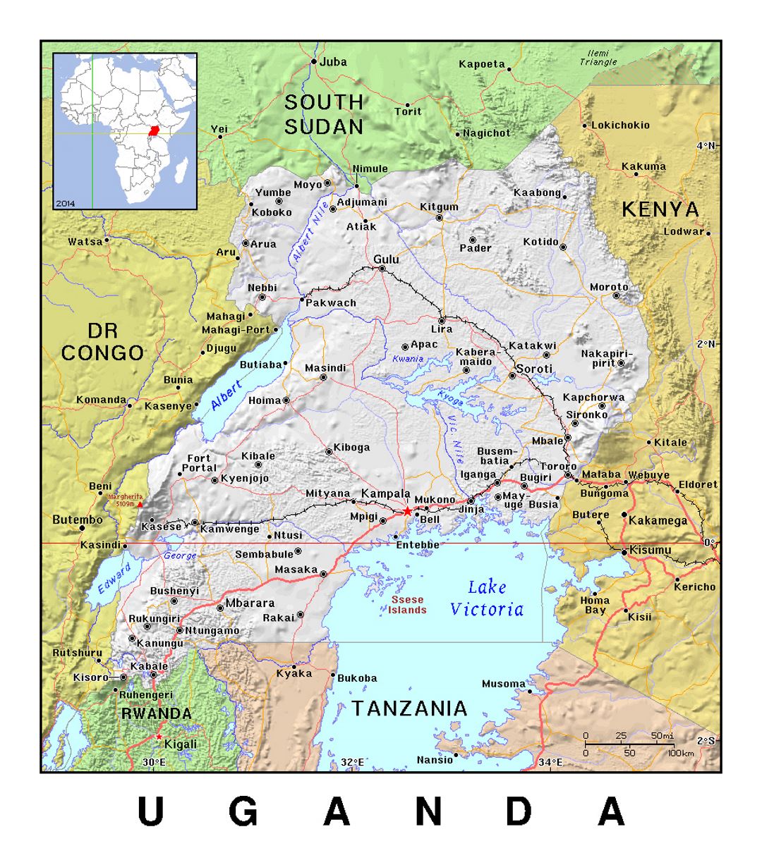 Детальная политическая карта Уганды с рельефом