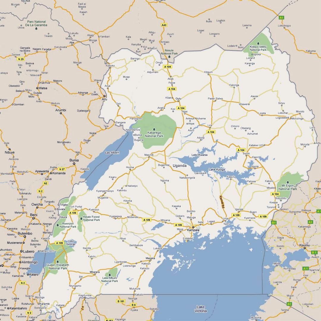 Детальная карта дорог Уганды с городами