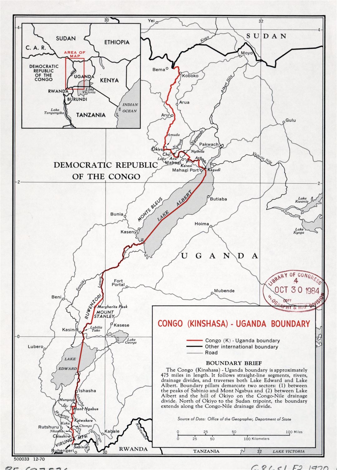 Большая детальная карта границы Конго (Киншаса) - Уганды - 1970