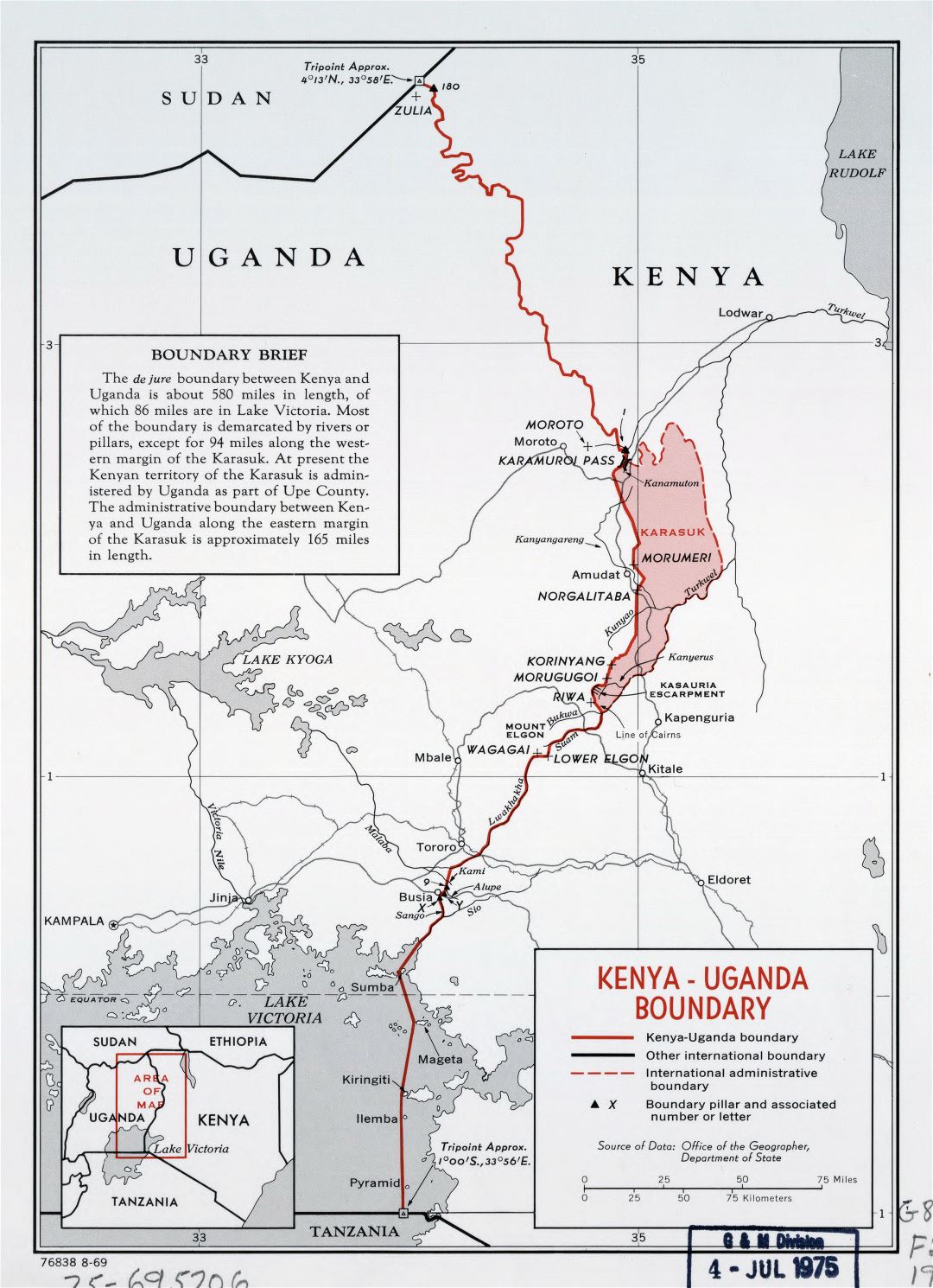 Большая детальная карта границы Кении - Уганды - 1969