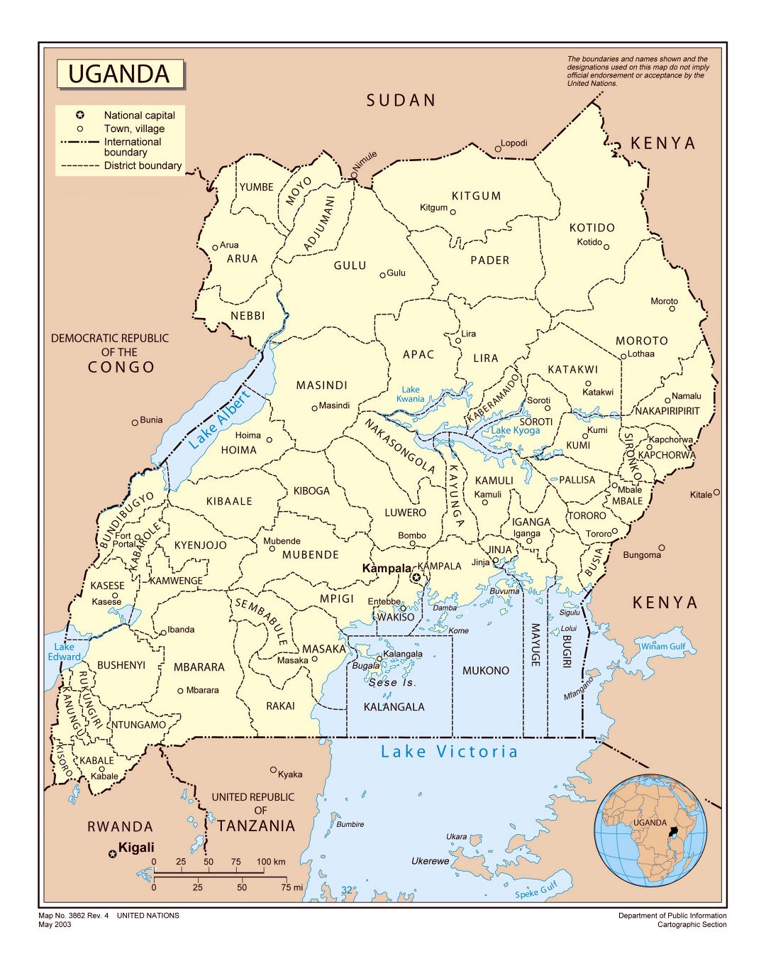 Большая детальная политическая и административная карта Уганды с крупными городами