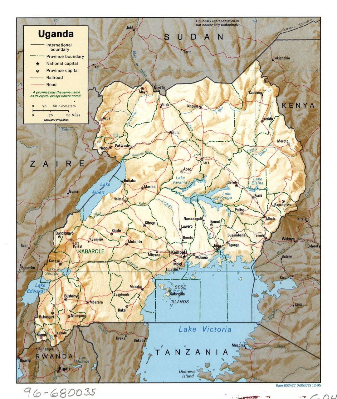 Большая детальная политическая и административная карта Уганды с рельефом, дорогами, железными дорогами и крупными городами - 1995