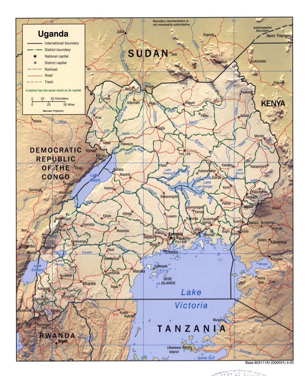 Большая детальная политическая и административная карта Уганды с рельефом, дорогами, железными дорогами и крупными городами - 2005