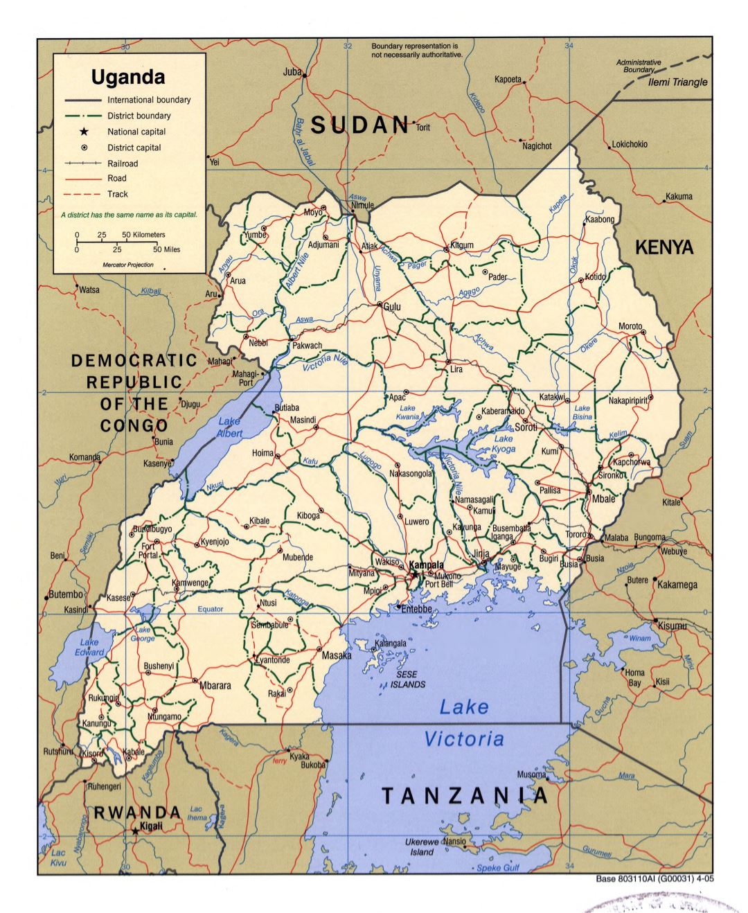 Большая детальная политическая и административная карта Уганды с дорогами, железными дорогами и крупными городами - 2005