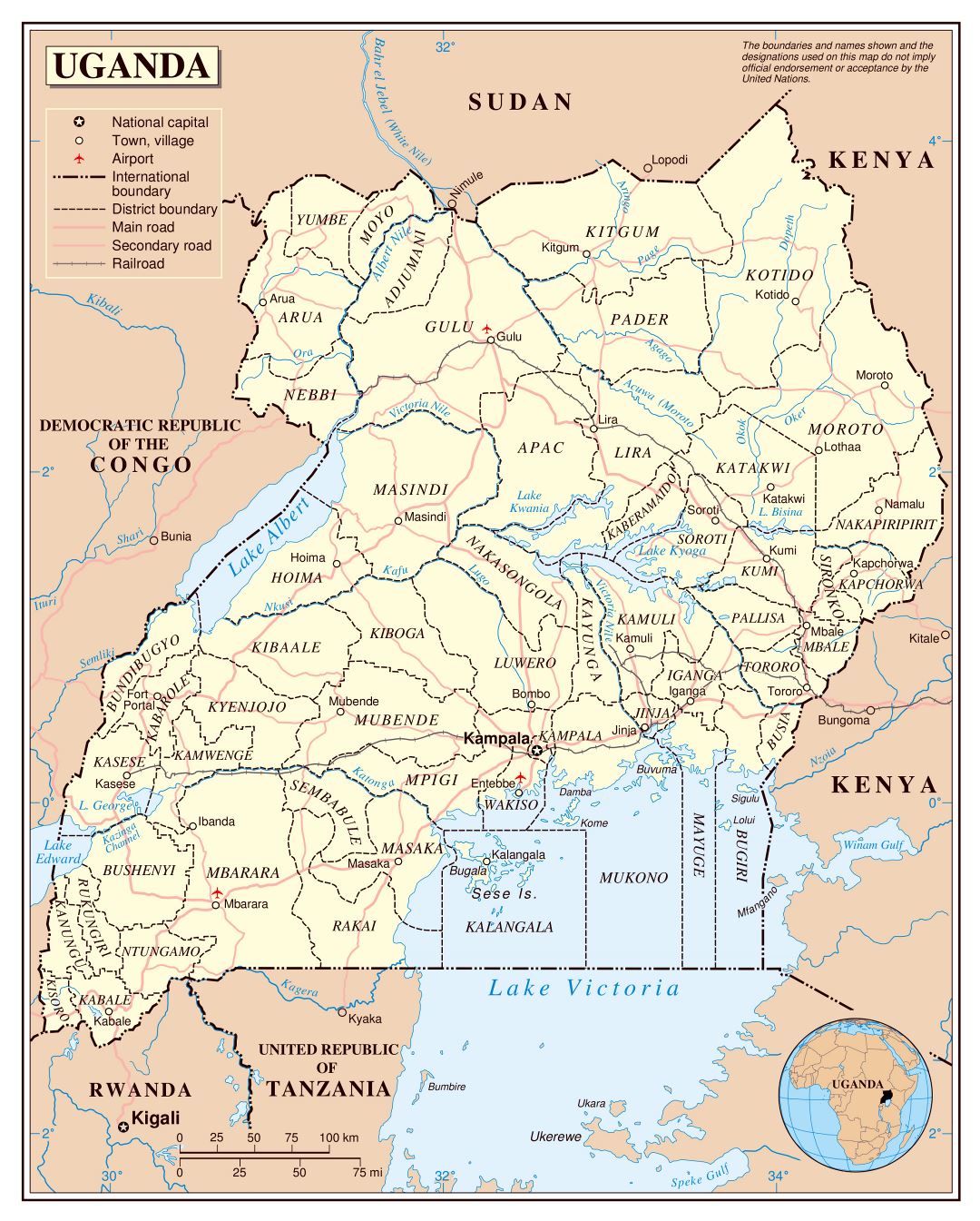Большая детальная политическая и административная карта Уганды с дорогами, железными дорогами, городами и аэропортами