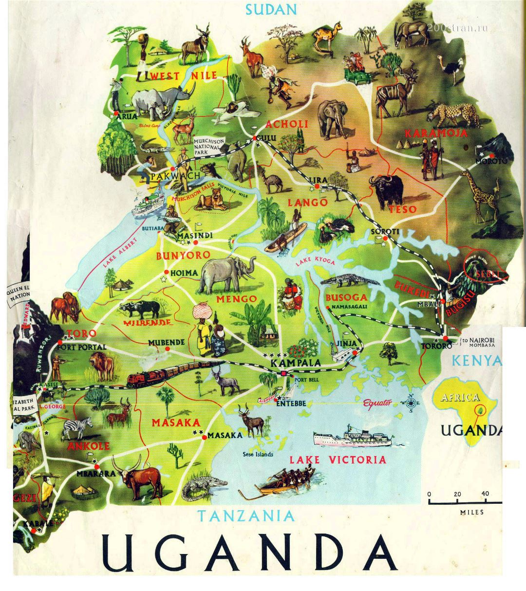 Большая детальная туристическая иллюстрированная карта Уганды