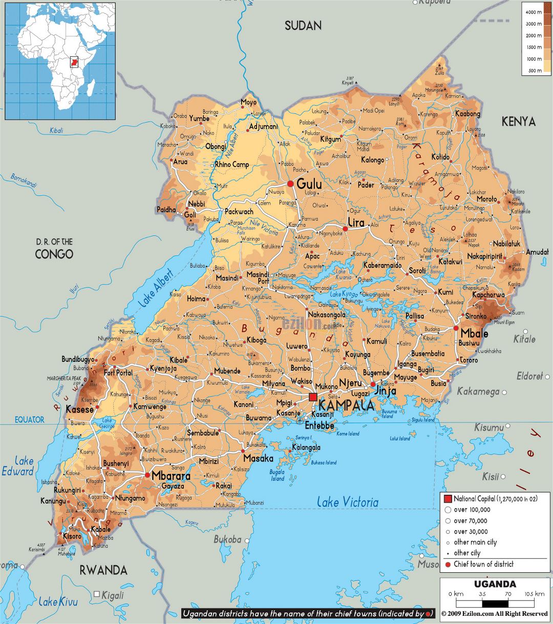 Большая физическая карта Уганды с дорогами, городами и аэропортами