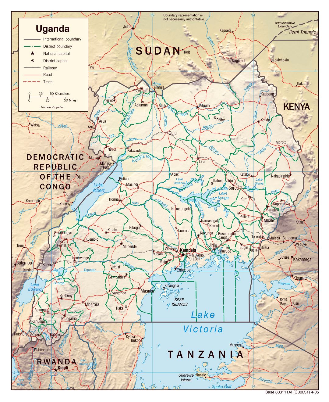 Большая политическая и административная карта Уганды с рельефом, дорогами, железными дорогами и крупными городами - 2005